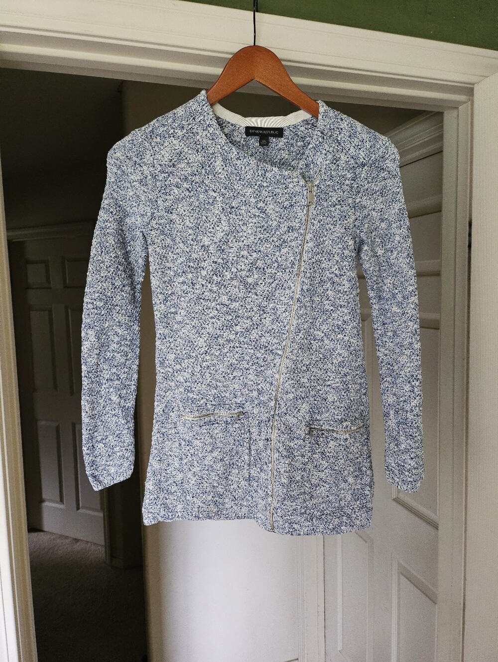 Banana Republic Blue WhiteTweed Jacket Zip Front Sweater Knit Coat sz XS